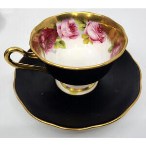 Royal Albert Matte Black OLD ENGLISH ROSE Tea Cup & Saucer Heavy Gold Teacup